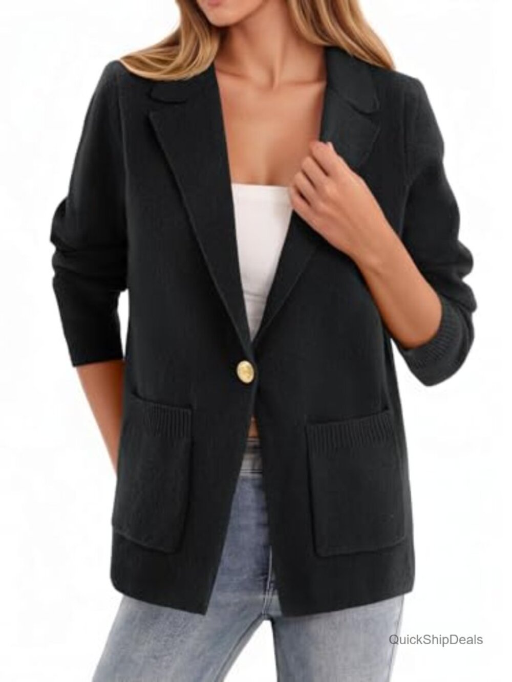 Women's Knit Blazer Open Front Long Sleeve Work Office Suit Jacket Casual